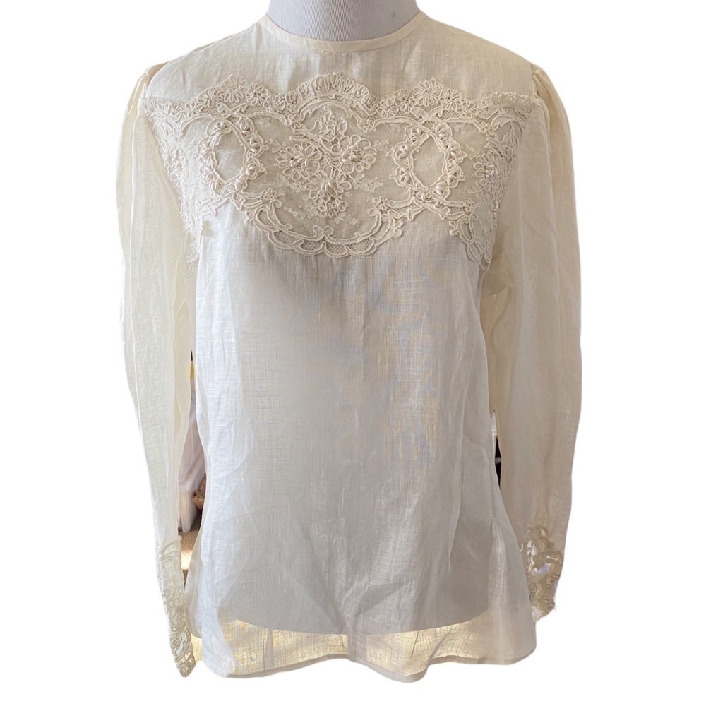 Cloak of many colors by Liberty & Lucrezia Linen Blouse with lace trim SZ 12